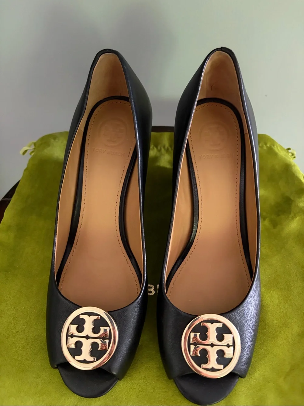 Tory Burch Black Leather Wedge Peep-Toe Pumps with Gold Logo 7.5